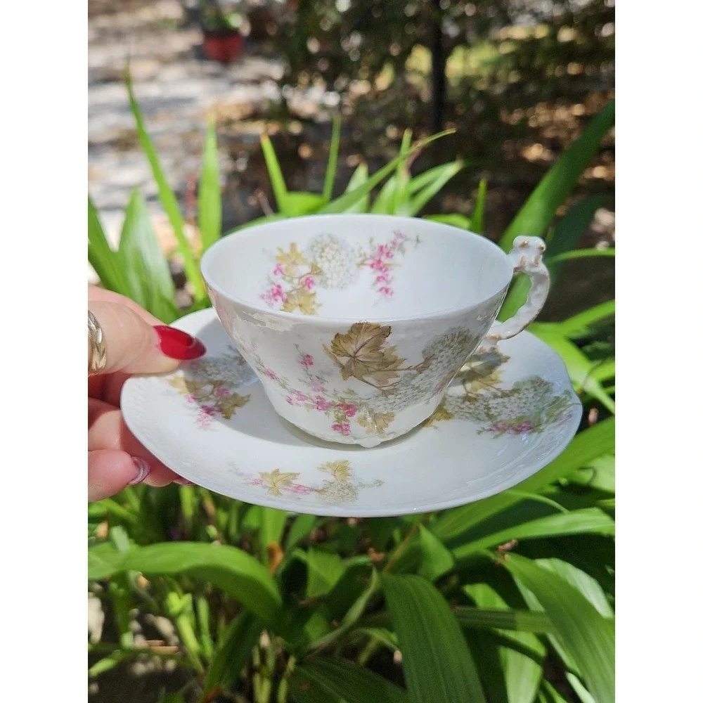 2 Tressemanes & Vogt T&V Limoges Teacup Saucer Scalloped Hydrangeas‎ Century VTG